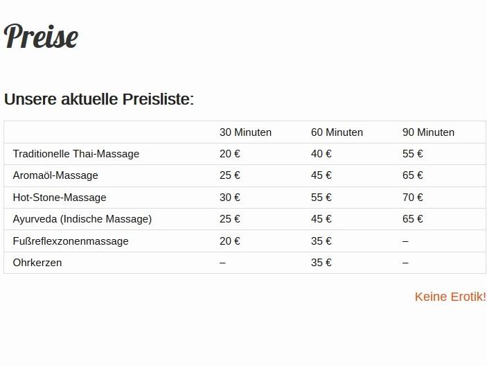Preisliste für Pupees Thai Massage in der Zwingerstraße aus Halle (Saale)