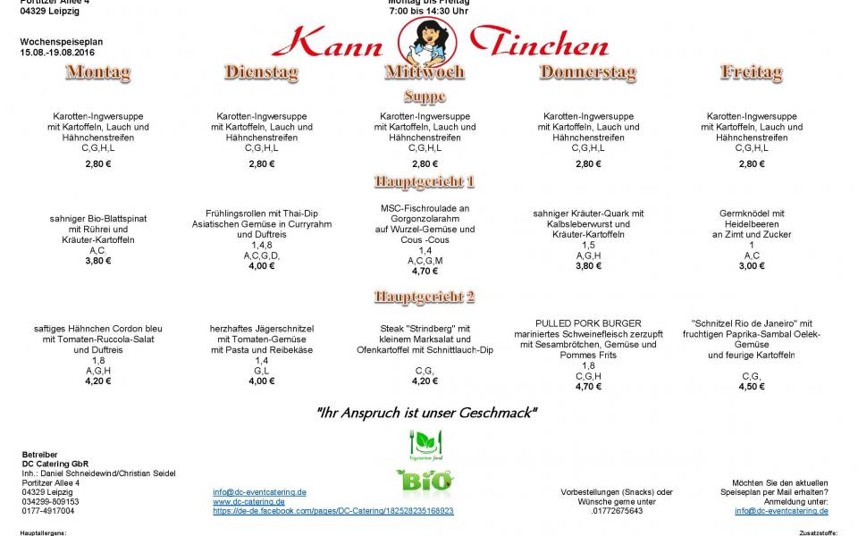 Speiseplan vom 15.08.-19.08.2016 KannTinchen am Raab Karcher von Leipzig