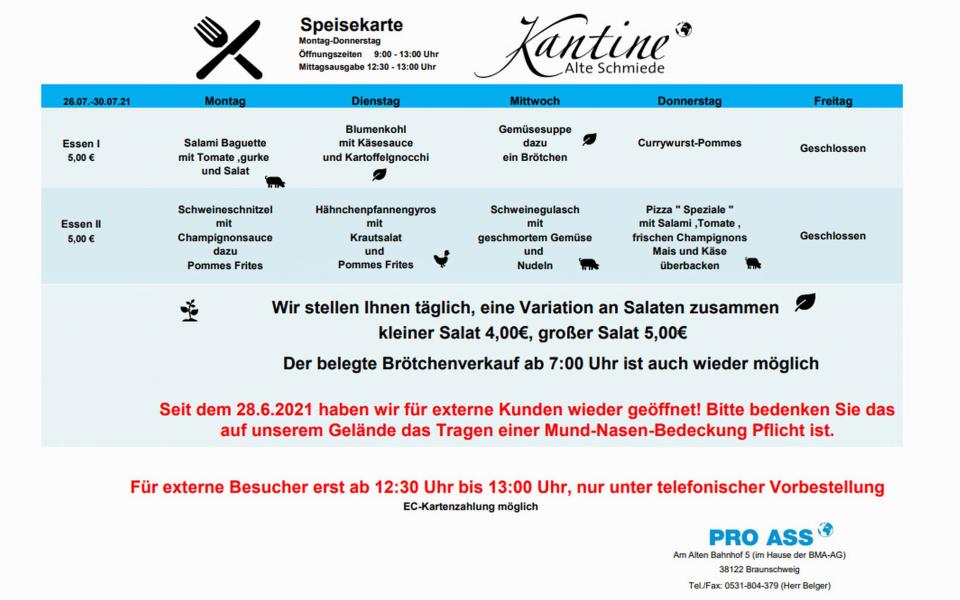 Essen ab 26. Juli 2021 Kantine "Alte Schmiede" - BMA, Am Alten Bahnhof, Südstadt aus Braunschweig