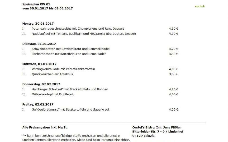 Speiseplan KW 05 vom 30.01.2017 bis 03.02.2017 Oertels Bistro - Eutritzsch aus Leipzig