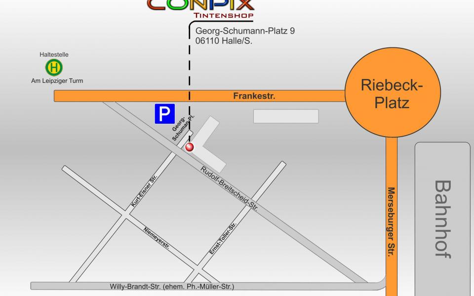 ConpiX-tintenshop, Anfahrtsplan, Innenstadt aus Halle (Saale)