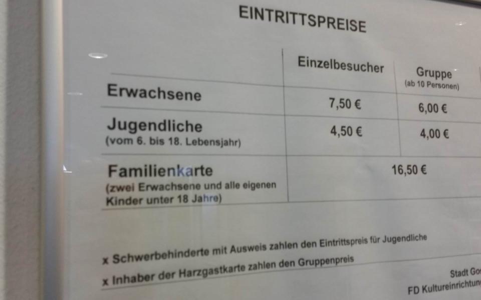 Eintrittspreise für die Kaiserpfalz aus Goslar