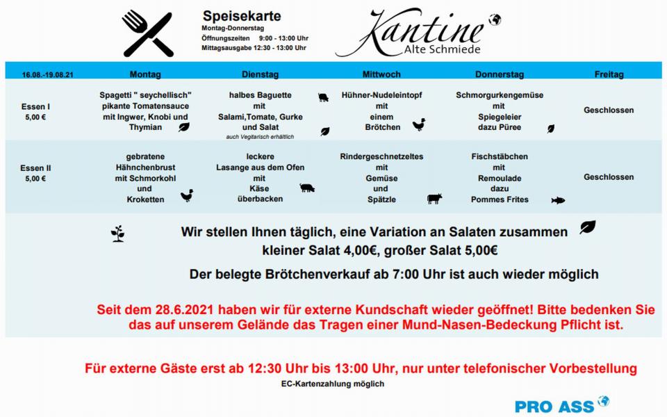 Angebote Essen ab 23. August 2021 bei Kantine "Alte Schmiede" - BMA, Am Alten Bahnhof, Südstadt aus Braunschweig