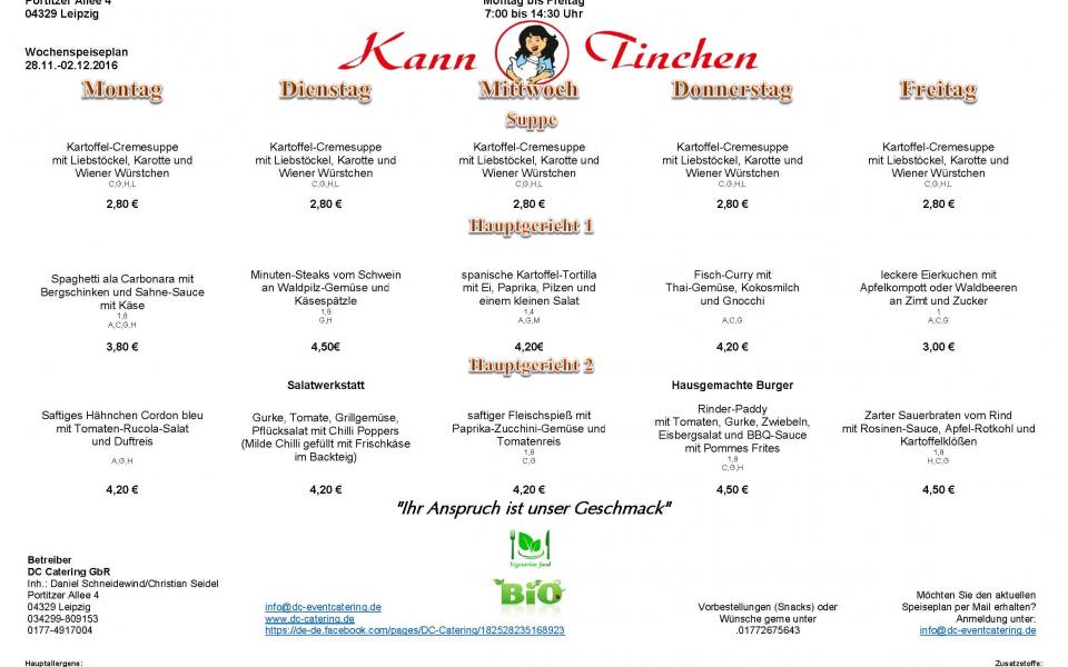 Speiseplan Kanntinchen 28.11.-02.12.2016 KannTinchen  - Raab Karcher aus Leipzig