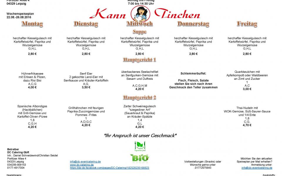 Speiseplan vom KannTinchen vom 22.08.-26.08.2016 beim Raab Karcher in Leipzig