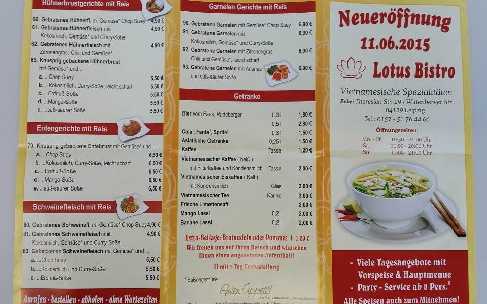 Speisekarte mit Preisen vom Lotus Bistro Eutritzsch aus Leipzig Foto 2
