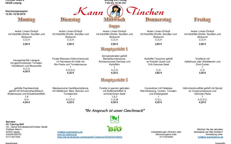 Speiseplan Kanntinchen 12.09.-16.09.2016 - Raab Karcher aus Leipzig