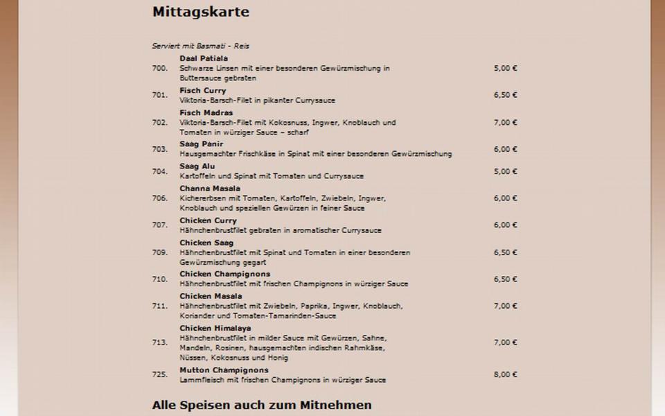 Mittagskarte vom Indian Restaurant HIMALAYA, Große Brauhausstraße, Ritterhaus Stadtmitte aus Halle (Saale)