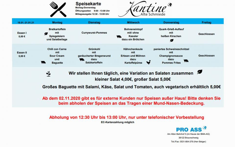Speisekarte Mittag ab 18. Januar 2021 in der BMA KANTINE "Alte Schmiede", Am Alten Bahnhof, Südstadt aus Braunschweig.