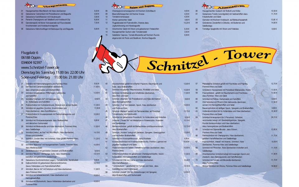 Speisekarte 2016 vom Schnitzel-Tower Flugplatz Oppin aus Landsberg