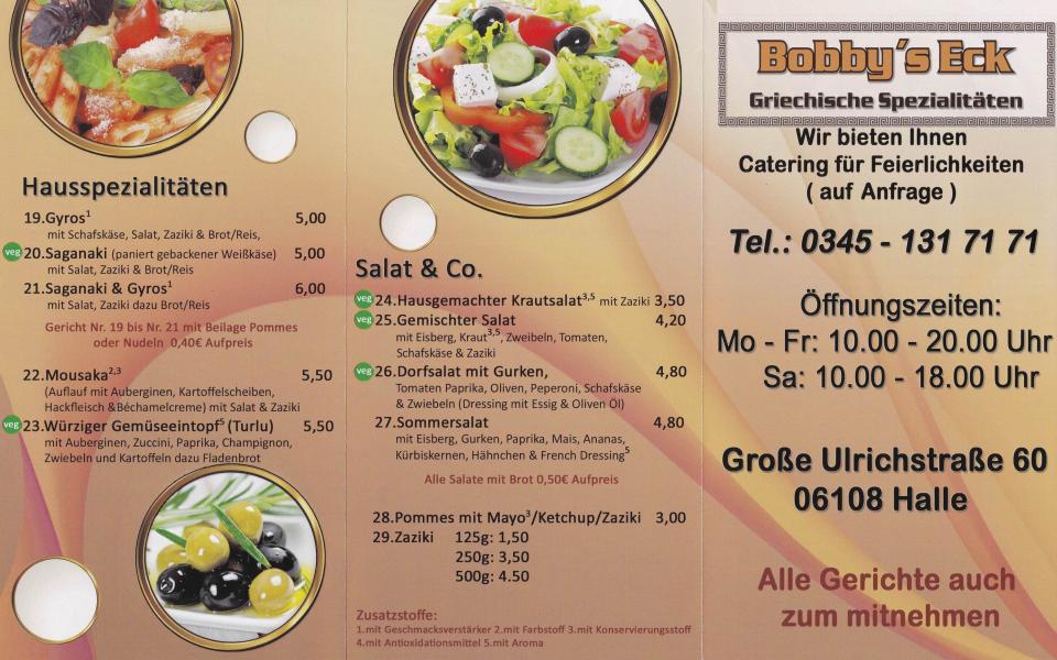Speisekarte von Bobbys Eck - Griechischer Imbiss, Große Ulrichstraße, Stadtmitte aus Halle (Saale) Foto 2